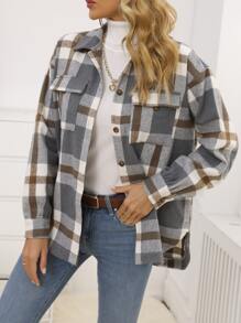 Plaid Flap Pocket Drop Shoulder Coat - Multicolor - View 1