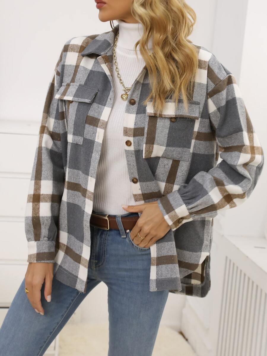 Plaid Flap Pocket Drop Shoulder Coat - Multicolor - View 1