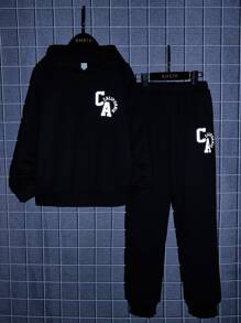 SHEIN 男孩反光字母圖案連帽衫和運動褲 - 黑色 - 查看 1