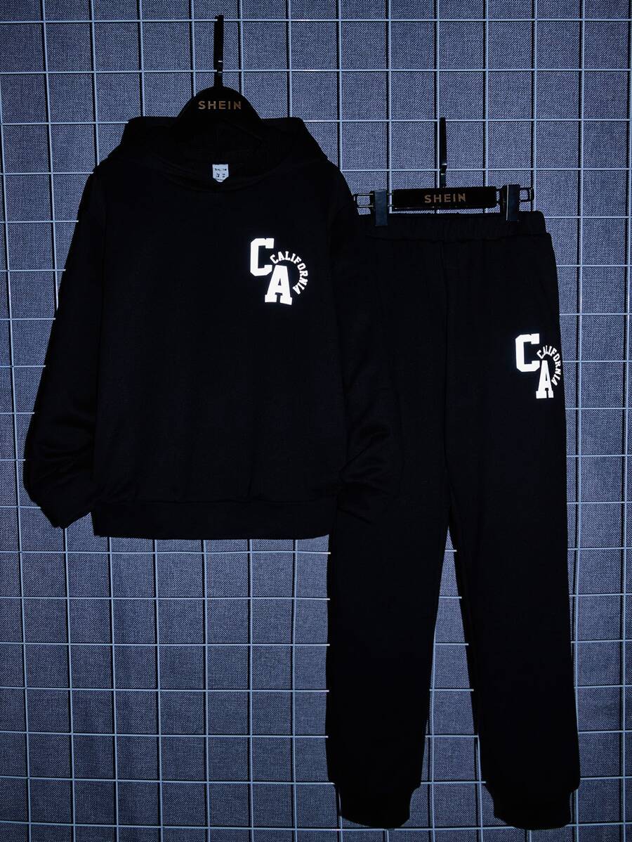 SHEIN 男孩反光字母圖案連帽衫和運動褲 - 黑色 - 查看 1