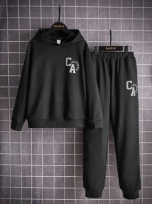 SHEIN 男孩反光字母圖案連帽衫和運動褲 - 黑色 - 查看 2