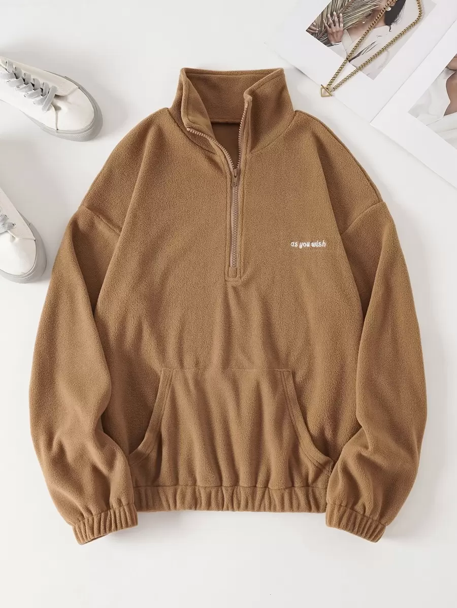 INAWLY 標語刺繡半拉鏈搖粒絨運動衫 - 卡其色 - 查看 1