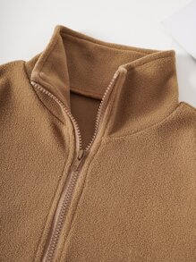 INAWLY 標語刺繡半拉鏈搖粒絨運動衫 - 卡其色 - 查看 4