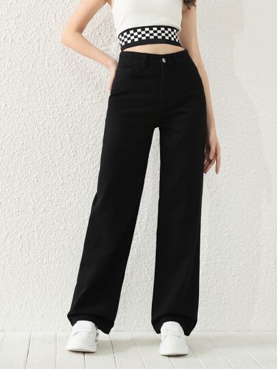 少女简约百搭黑灰色洗水直筒牛仔裤