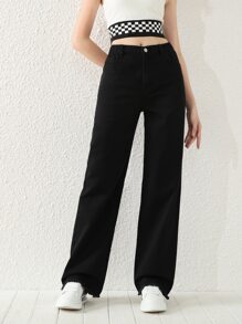 青少年女孩素色毛邊直筒牛仔褲 - 黑色 - 查看 3
