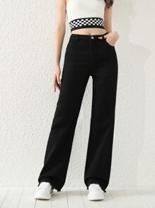 青少年女孩素色毛邊直筒牛仔褲 - 黑色 - 查看 4