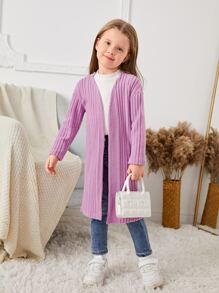 SHEIN Niñas Abrigo de hombros caídos tejido de canalé con parte delantera abierta - Lila Púrpura - Ver 3