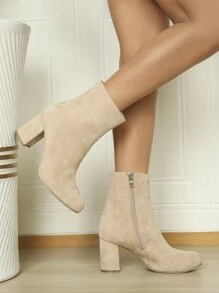 Faux Suede Chunky Heeled Classic Boots - Apricot - View 1