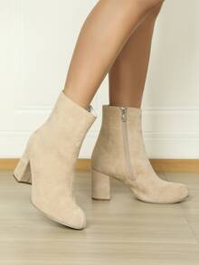 Faux Suede Chunky Heeled Classic Boots - Apricot - View 2