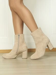 Faux Suede Chunky Heeled Classic Boots - Apricot - View 4