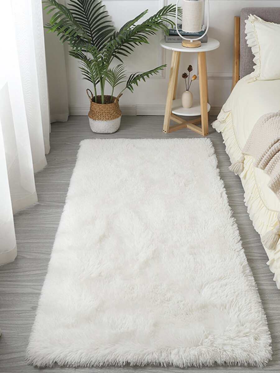 1pc Solid Fluffy Rug, Simple White Plush Floor Mat For Living Room And Bedroom - White - View 1
