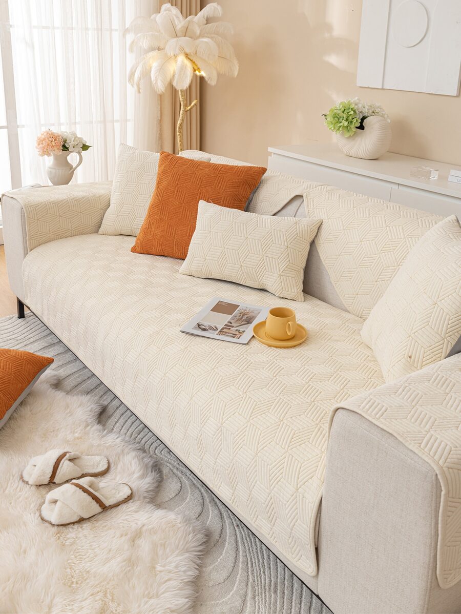 1入組素色衍縫細節沙發巾 - 米色 - 查看 1