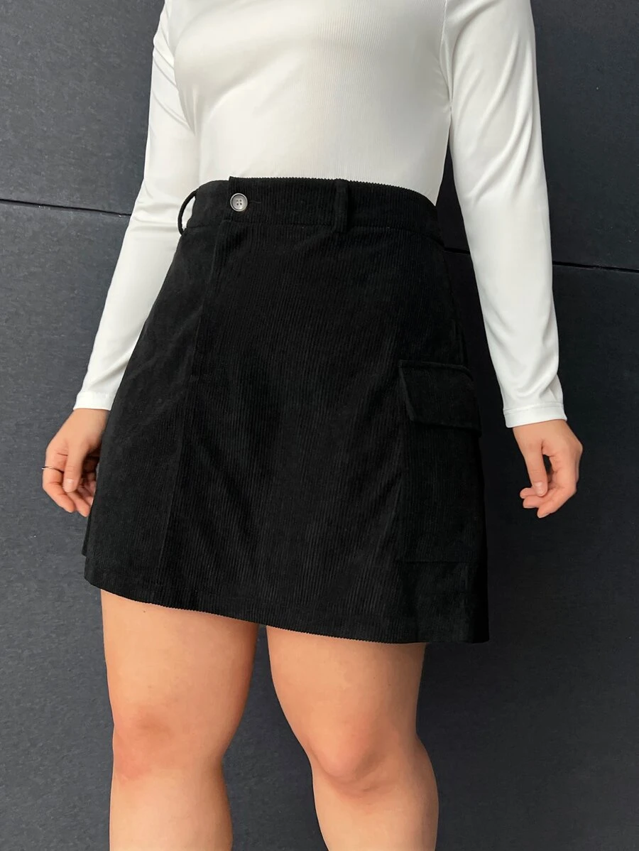 CovetEZ Plus Flap Pocket Corduroy Skirt - Black - View 1