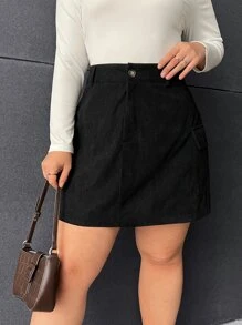 CovetEZ Plus Flap Pocket Corduroy Skirt - Black - View 6