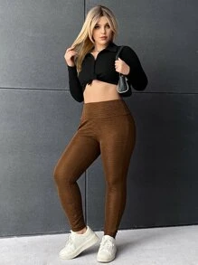 CovetEZ Plus Solid Wideband Waist Leggings With Phone Pocket - Brown - View 3