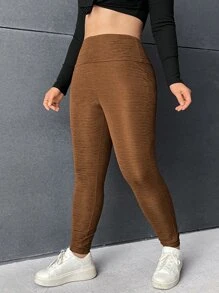 CovetEZ Plus Solid Wideband Waist Leggings With Phone Pocket - Brown - View 4