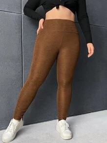 CovetEZ Plus Solid Wideband Waist Leggings With Phone Pocket - Brown - View 5