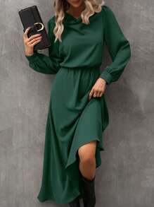 SHEIN LUNE 垂領燈籠袖連衣裙 - 綠色 - 查看 1