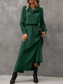 SHEIN LUNE 垂領燈籠袖連衣裙 - 綠色 - 查看 4