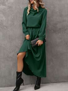 SHEIN LUNE 垂領燈籠袖連衣裙 - 綠色 - 查看 6