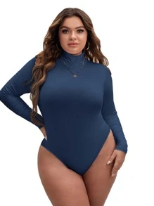 SHEIN Essnce 大碼高領修身T恤緊身連衣褲 - 藏蓝色 - 查看 3