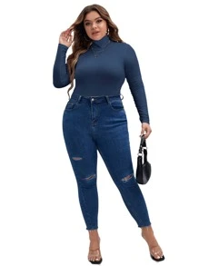 SHEIN Essnce 大碼高領修身T恤緊身連衣褲 - 藏蓝色 - 查看 4