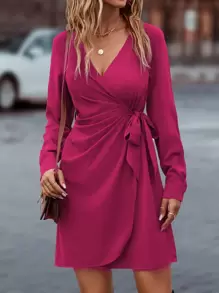 SHEIN Clasi Solid Wrap Knot Side Dress - Hot Pink - View 1