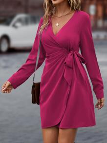 SHEIN Clasi Solid Wrap Knot Side Dress - Hot Pink - View 3