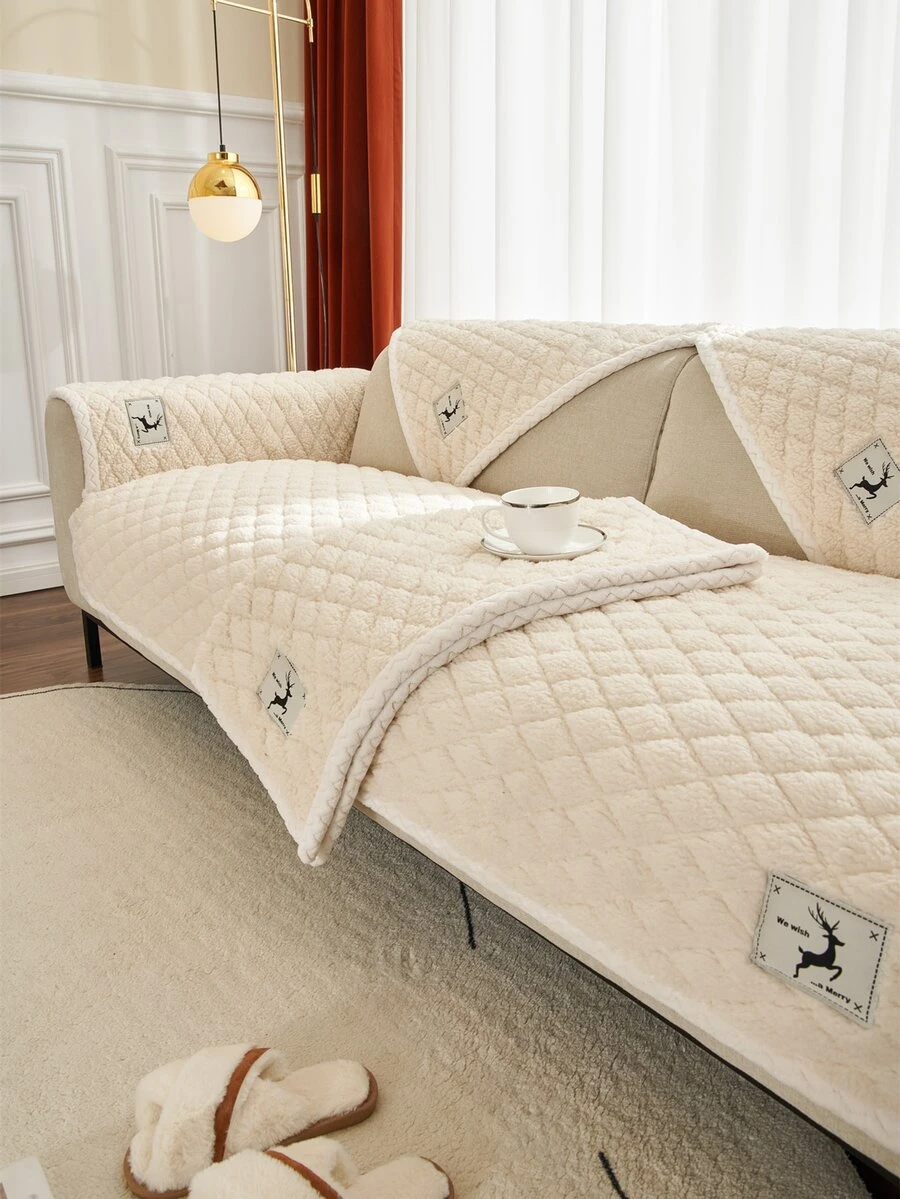 1pc Elk Label Decor Fuzzy Sofa Towel - Camel - View 1