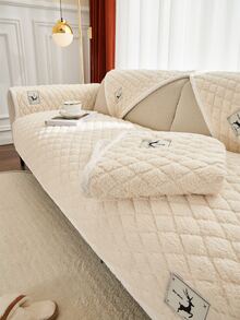 1pc Elk Label Decor Fuzzy Sofa Towel - Camel - View 7