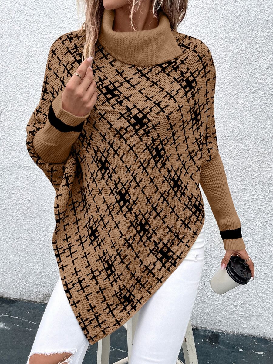 SHEIN LUNE 格紋圖案高領不對稱下擺斗篷 - 駝色 - 查看 1