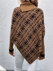 SHEIN LUNE 格紋圖案高領不對稱下擺斗篷 - 駝色 - 查看 2