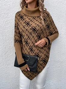SHEIN LUNE 格紋圖案高領不對稱下擺斗篷 - 駝色 - 查看 3