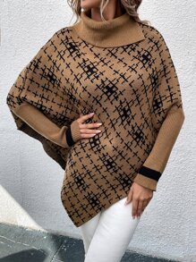 SHEIN LUNE 格紋圖案高領不對稱下擺斗篷 - 駝色 - 查看 4