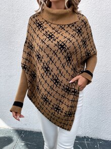 SHEIN LUNE 格紋圖案高領不對稱下擺斗篷 - 駝色 - 查看 5