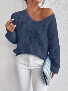 Chiquease Jersey de cuello V de hombros caídos - Azul Marino - Ver 4