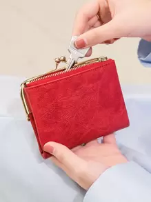 MIYIN 雙折皮革復古錢包，女款拉鍊與口金扣零錢包，女款拉鍊短錢包，時尚復古手持零錢包，附口金扣，PU可折疊多功能錢包，附卡槽、身分證窗與鈔票隔層，可收納信用卡/身分證/現金，適合年輕女孩/女性/大學生/畢業生/青少年/年輕成人/上班族與白領日常使用 - 紅色 - 查看 7