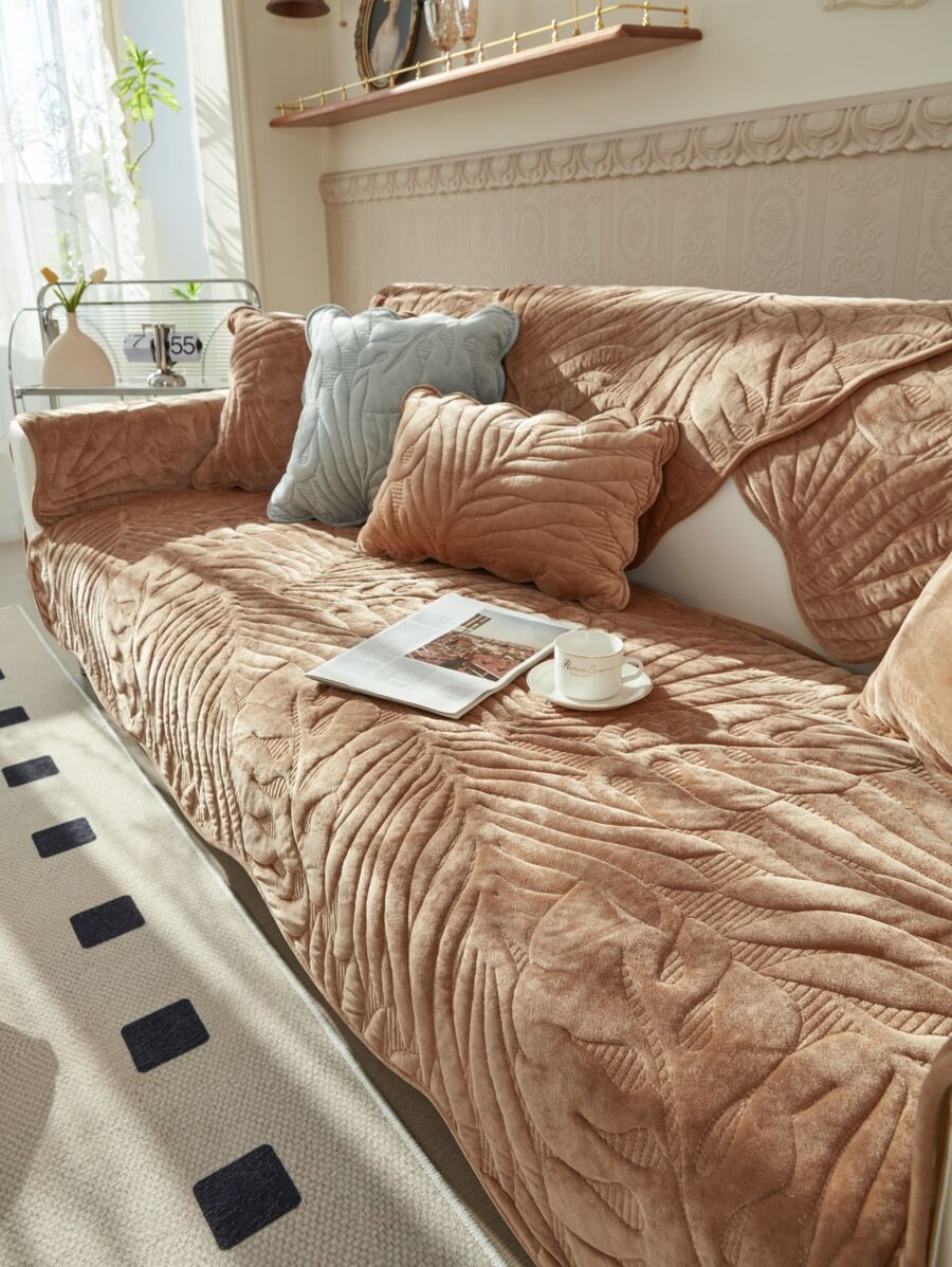 1pc Leaf Textured Sofa Towel & 1pc Random Cushion Cover Without Filler - Camel - View 1