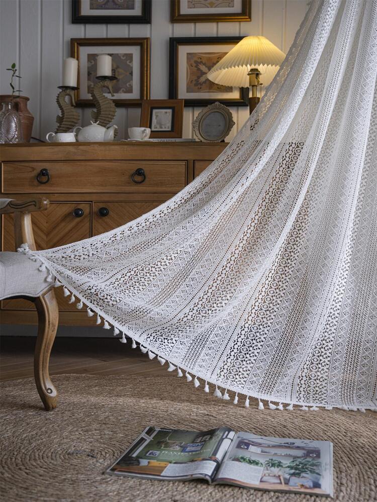 Bubaba 1pc White Hollow Lace Bedroom Curtain, Bohemian Vintage Sheer Semi-Blackout Farmhouse Handmade Tassel Curtain, Suitable For Living Room, Bedroom, Dining Room, Hotel, Cafe, Gym, All Season Home Use