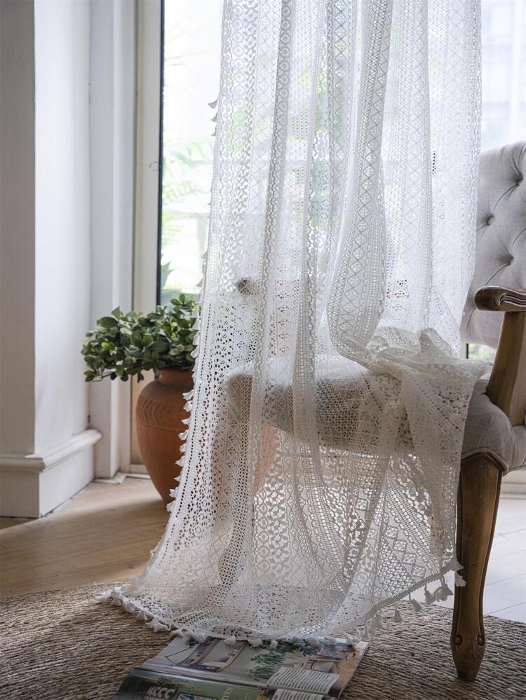 Bubaba 1pc White Hollow Lace Bedroom Curtain, Bohemian Vintage Sheer Semi-Blackout Farmhouse Handmade Tassel Curtain, Suitable For Living Room, Bedroom, Dining Room, Hotel, Cafe, Gym, All Season Home Use