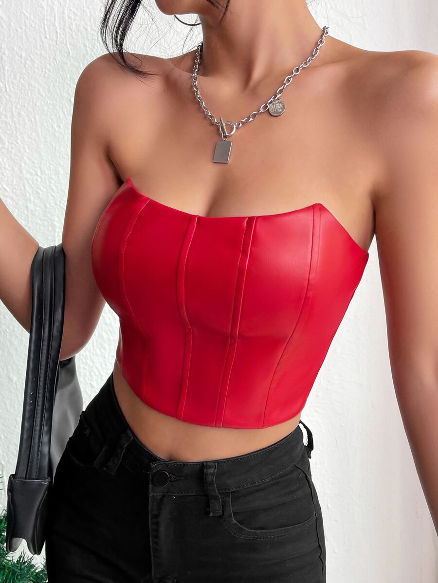 SHEIN Privé 素色PU皮革短款抹胸上衣 - 紅色 - 查看 1