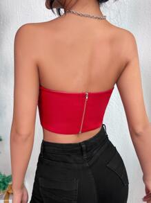 SHEIN Privé 素色PU皮革短款抹胸上衣 - 紅色 - 查看 2