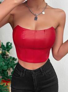 SHEIN Privé 素色PU皮革短款抹胸上衣 - 紅色 - 查看 4