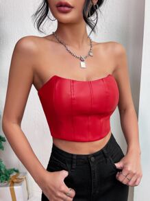 SHEIN Privé 素色PU皮革短款抹胸上衣 - 紅色 - 查看 5