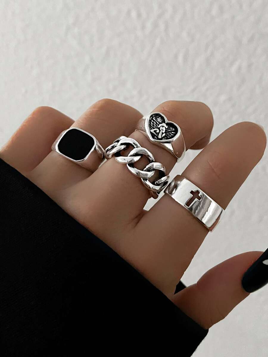 4 piezas Anillo con adorno de corazón - Plata antigua - Ver 1