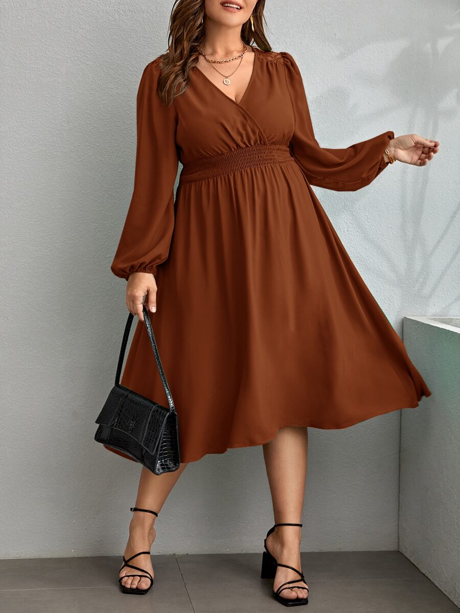 SHEIN Clasi Vestido de cuello cruzado de cintura fruncido - Óxido marrón - Ver 1