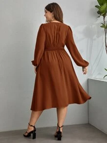 SHEIN Clasi Vestido de cuello cruzado de cintura fruncido - Óxido marrón - Ver 2