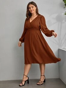 SHEIN Clasi Vestido de cuello cruzado de cintura fruncido - Óxido marrón - Ver 3