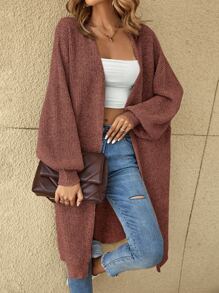 SHEIN LUNE Drop Shoulder Ribbed Knit Duster Cardigan - Rose Red - View 1