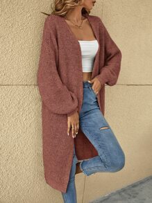 SHEIN LUNE Drop Shoulder Ribbed Knit Duster Cardigan - Rose Red - View 6